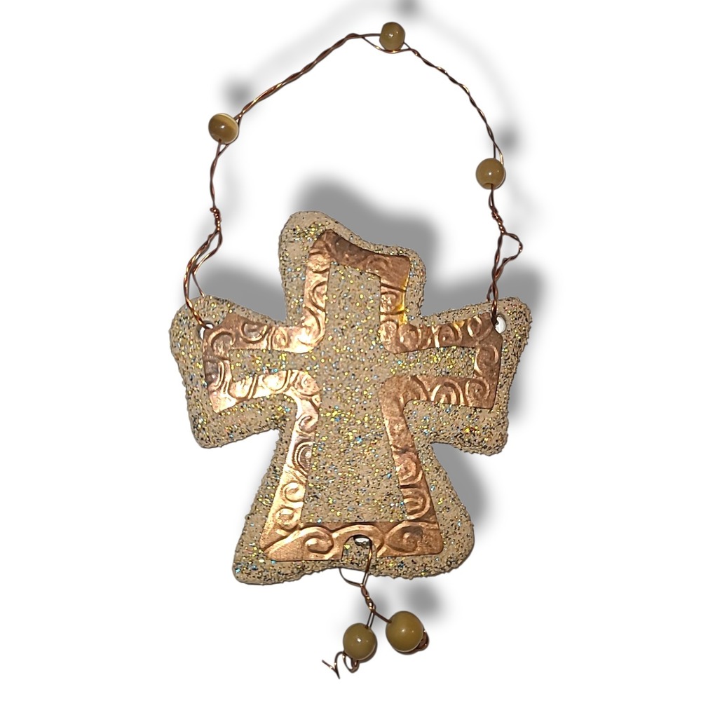 Handmade Ceramic Cross Ornament Signed‎ Carol Jones 2003 Glitter Copper